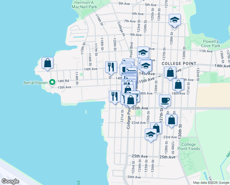 map of restaurants, bars, coffee shops, grocery stores, and more near 15-20 120th Street in Queens