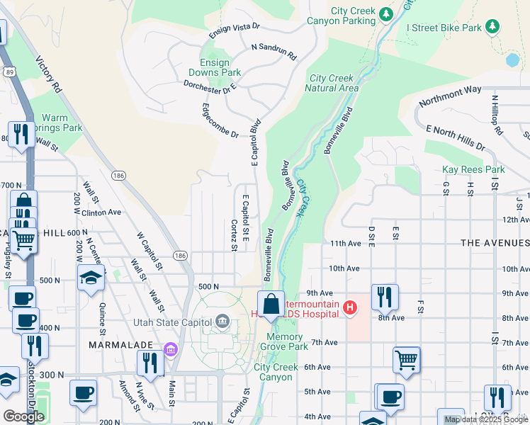 map of restaurants, bars, coffee shops, grocery stores, and more near 668 East Capitol Boulevard in Salt Lake City