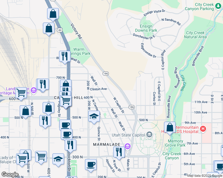 map of restaurants, bars, coffee shops, grocery stores, and more near 648 West Capitol Street in Salt Lake City