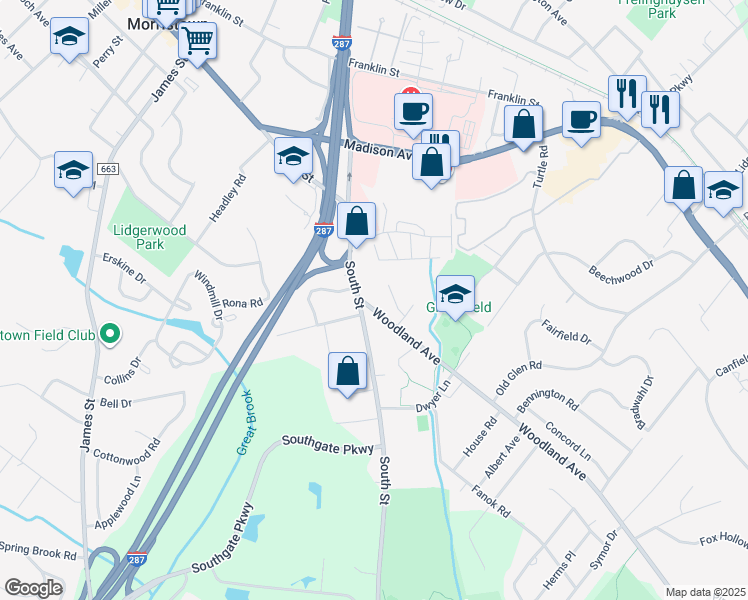 map of restaurants, bars, coffee shops, grocery stores, and more near 6 Woodland Avenue in Morristown