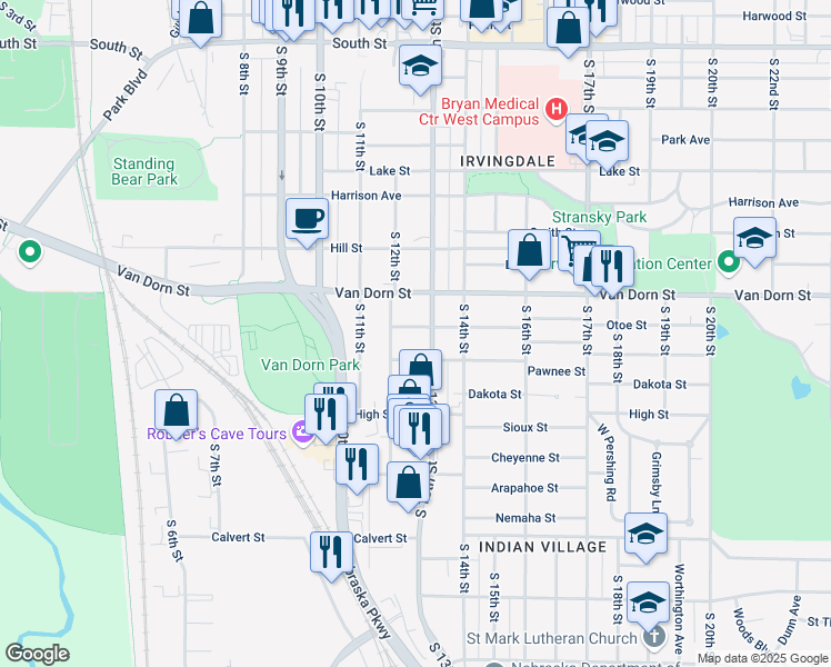 map of restaurants, bars, coffee shops, grocery stores, and more near 1235 Otoe Street in Lincoln