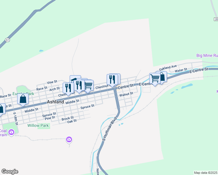 map of restaurants, bars, coffee shops, grocery stores, and more near 327 Centre Street in Ashland
