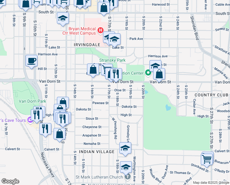 map of restaurants, bars, coffee shops, grocery stores, and more near 1727 Otoe Street in Lincoln