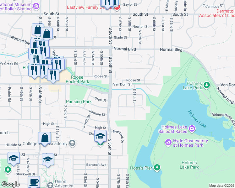 map of restaurants, bars, coffee shops, grocery stores, and more near 2901 South 57th Street in Lincoln