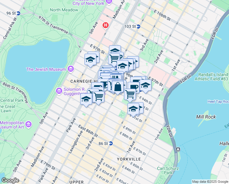 map of restaurants, bars, coffee shops, grocery stores, and more near 186 East 93rd Street in New York