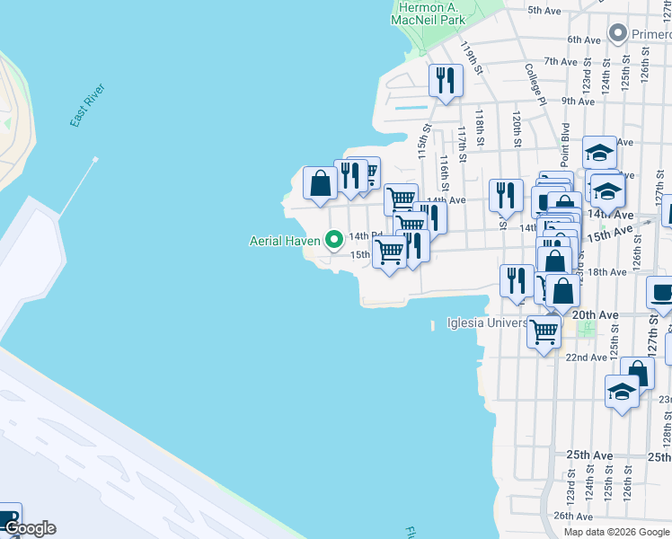 map of restaurants, bars, coffee shops, grocery stores, and more near 110-00 15th Avenue in Queens