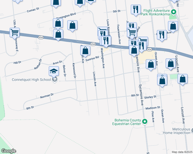 map of restaurants, bars, coffee shops, grocery stores, and more near 1635 Lincoln Avenue in Bohemia