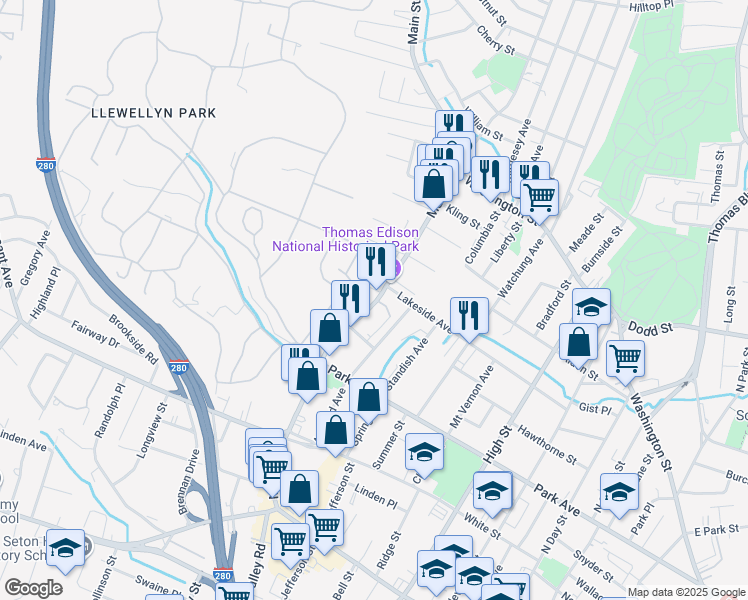 map of restaurants, bars, coffee shops, grocery stores, and more near 176 Main Street in West Orange