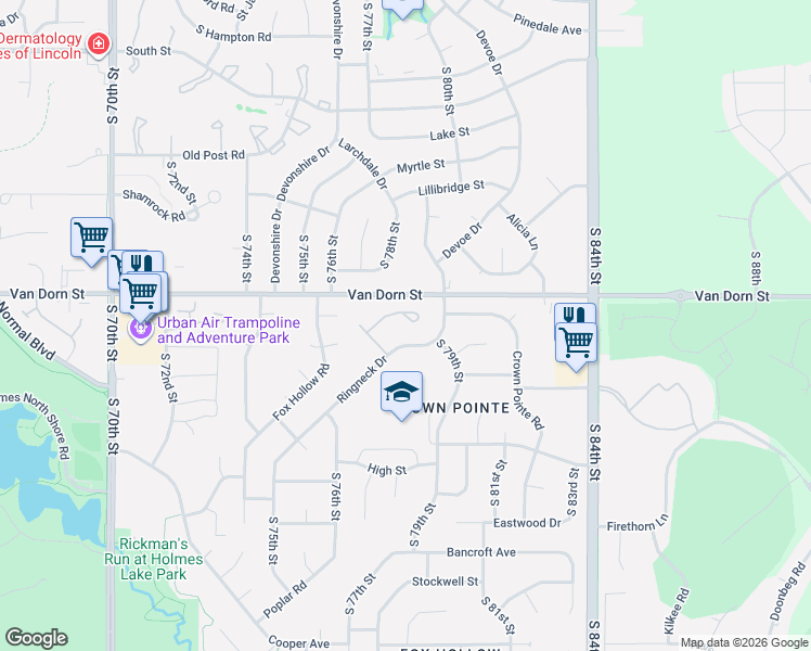map of restaurants, bars, coffee shops, grocery stores, and more near 7845 Stonewall Court in Lincoln