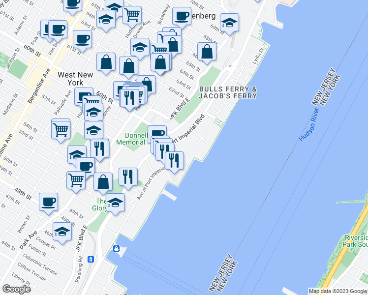 map of restaurants, bars, coffee shops, grocery stores, and more near 9 Avenue at Port Imperial in West New York