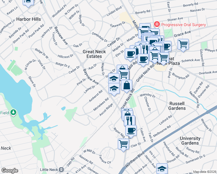 map of restaurants, bars, coffee shops, grocery stores, and more near 6 Gloucester Court in Great Neck
