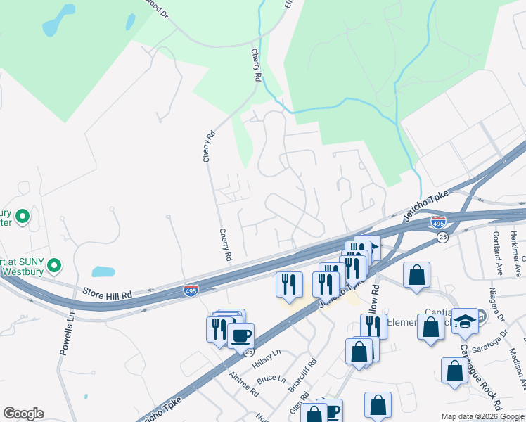 map of restaurants, bars, coffee shops, grocery stores, and more near 48 Carriage House Drive in Jericho