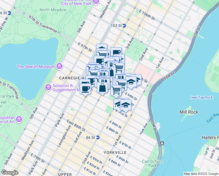 map of restaurants, bars, coffee shops, grocery stores, and more near 200 East 94th Street in New York