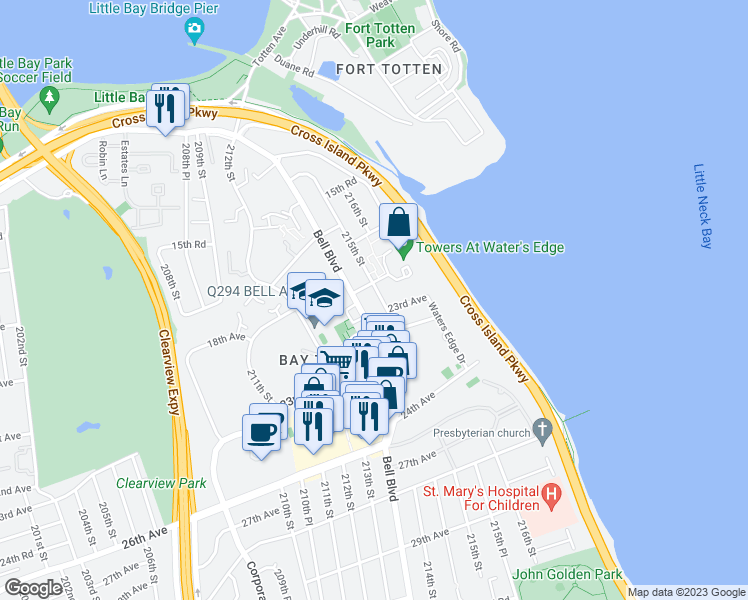 map of restaurants, bars, coffee shops, grocery stores, and more near 18-16 215th Street in Queens