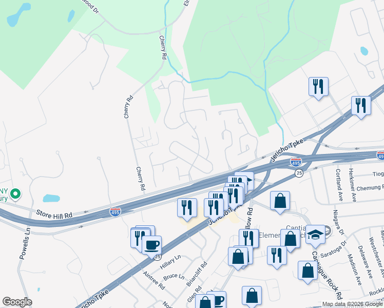 map of restaurants, bars, coffee shops, grocery stores, and more near 196 Alta Terrace in Jericho