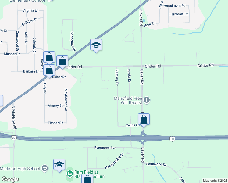 map of restaurants, bars, coffee shops, grocery stores, and more near 1047 Ramsey Dr in Mansfield
