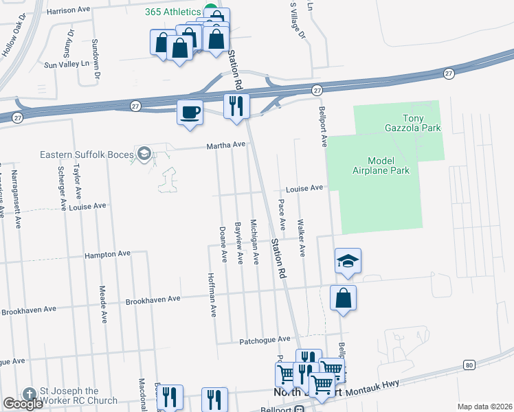 map of restaurants, bars, coffee shops, grocery stores, and more near 849 Michigan Ave in Bellport