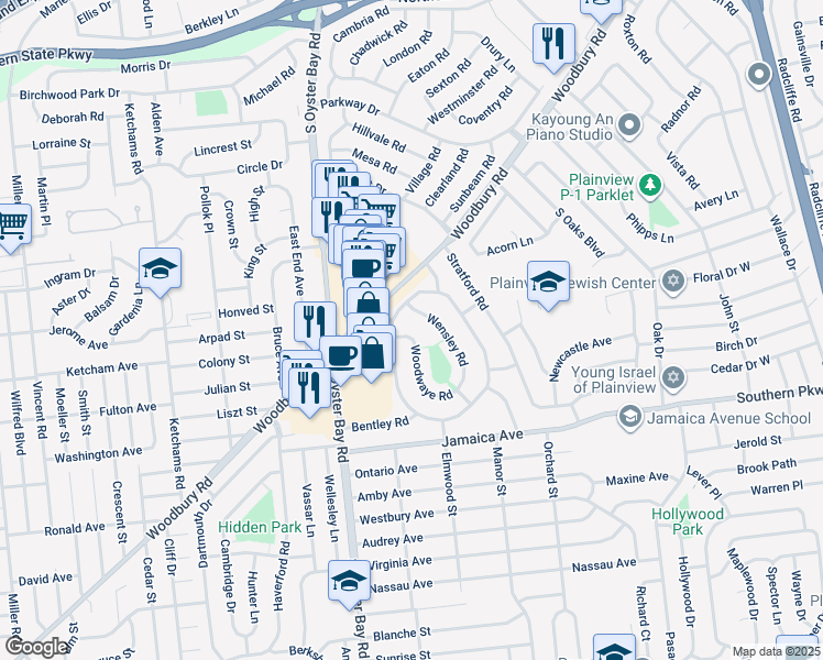 map of restaurants, bars, coffee shops, grocery stores, and more near 6 Woodwaye Road in Plainview