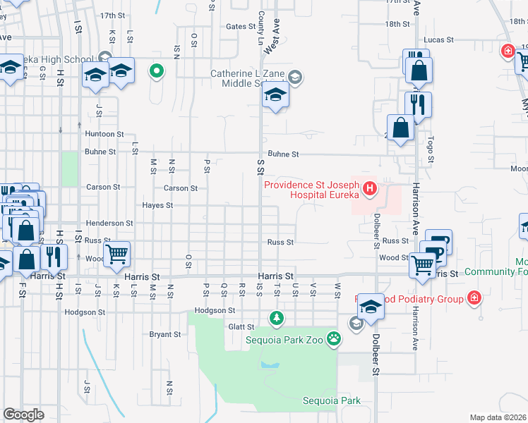 map of restaurants, bars, coffee shops, grocery stores, and more near 2707 S Street in Eureka