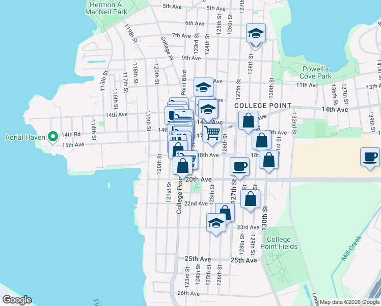 map of restaurants, bars, coffee shops, grocery stores, and more near 122-17 18th Avenue in Queens