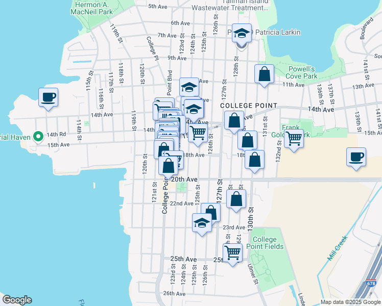 map of restaurants, bars, coffee shops, grocery stores, and more near 1542 125th Street in Queens