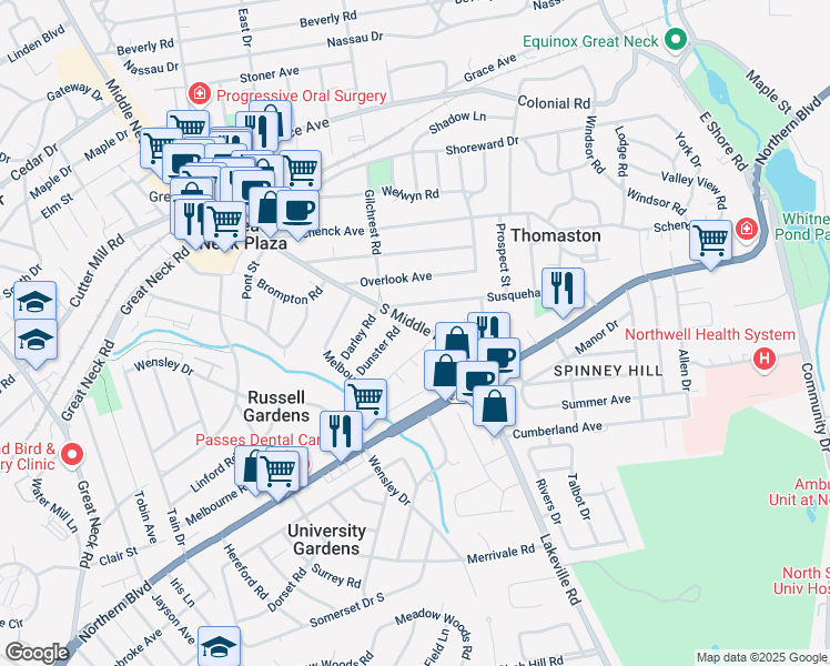 map of restaurants, bars, coffee shops, grocery stores, and more near 180 South Middle Neck Road in Great Neck
