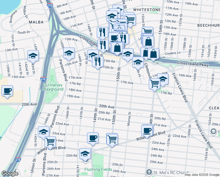 map of restaurants, bars, coffee shops, grocery stores, and more near 14942 17th Road in Queens