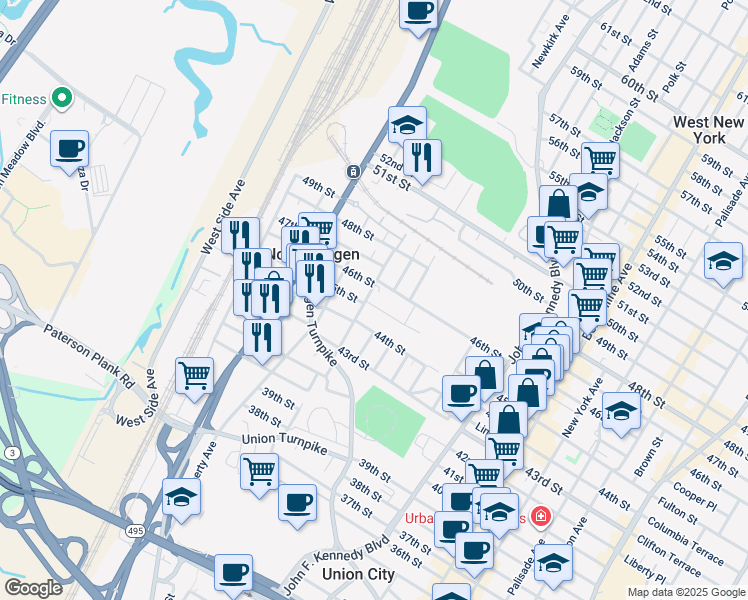 map of restaurants, bars, coffee shops, grocery stores, and more near 1500 45th Street in North Bergen