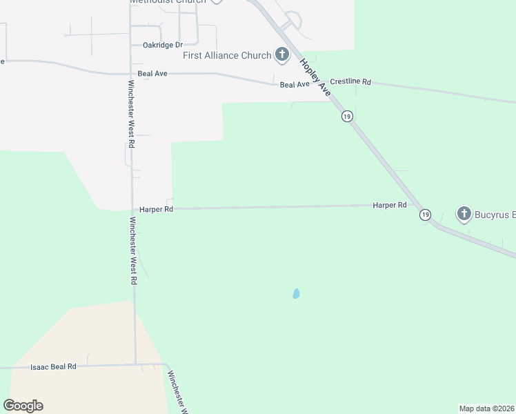 map of restaurants, bars, coffee shops, grocery stores, and more near 3243 Harper Road in Bucyrus