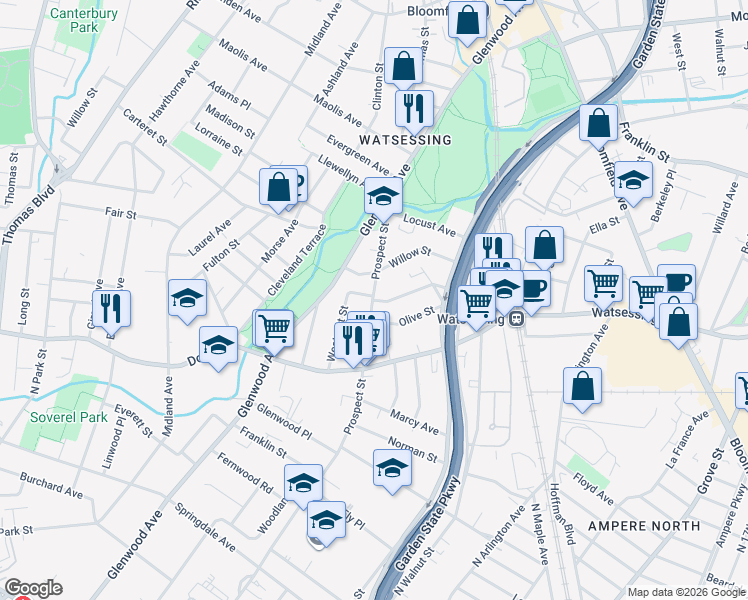 map of restaurants, bars, coffee shops, grocery stores, and more near 240 Myrtle Street in Bloomfield