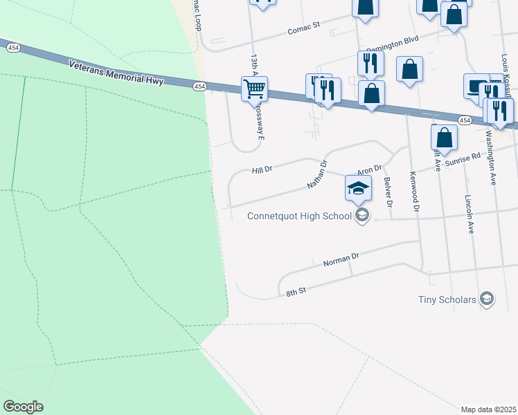 map of restaurants, bars, coffee shops, grocery stores, and more near 160 Nathan Drive in Bohemia