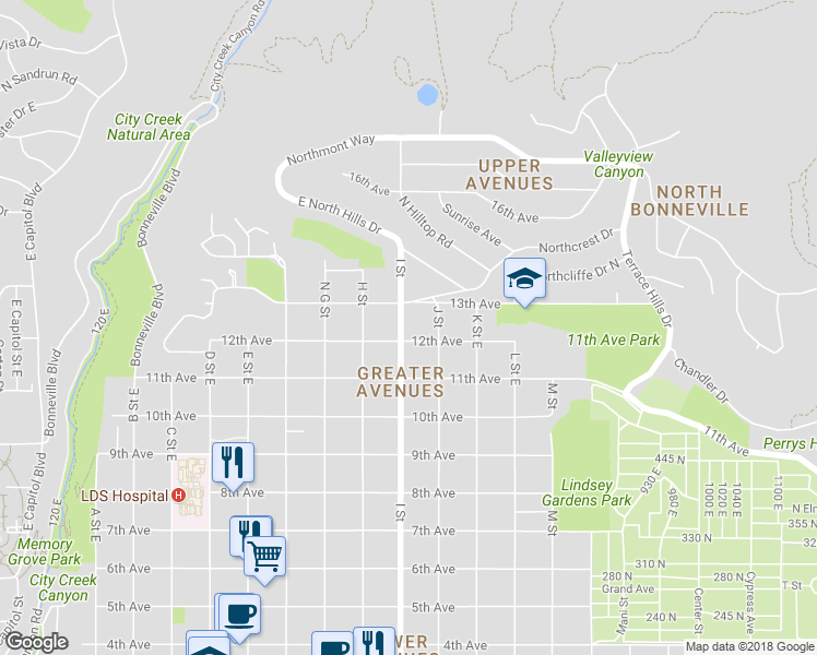 map of restaurants, bars, coffee shops, grocery stores, and more near 610 I Street in Salt Lake City