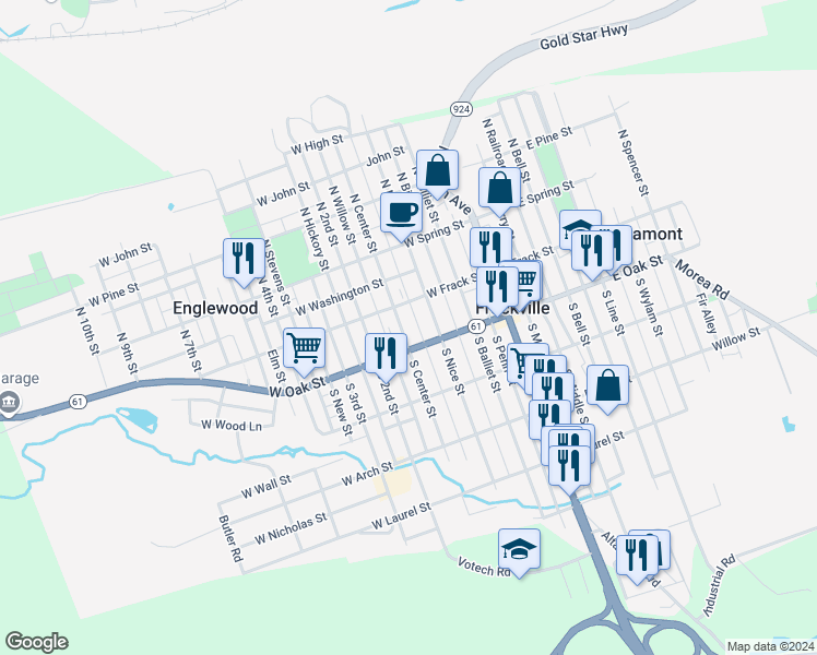map of restaurants, bars, coffee shops, grocery stores, and more near 29 South Center Street in Frackville