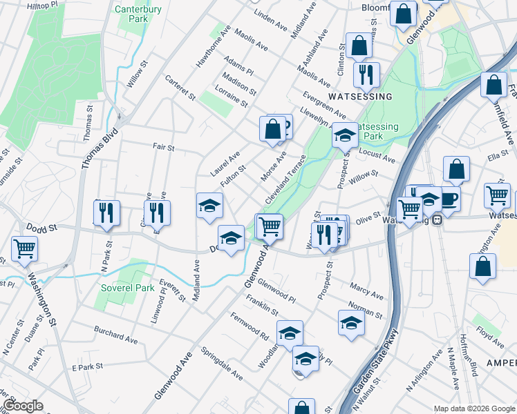 map of restaurants, bars, coffee shops, grocery stores, and more near 39 Cleveland Terrace in East Orange