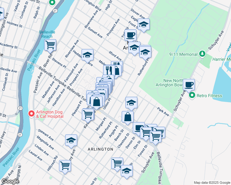 map of restaurants, bars, coffee shops, grocery stores, and more near 64 Union Place in North Arlington