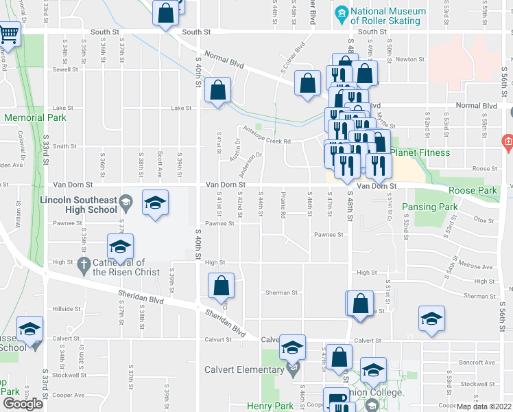 map of restaurants, bars, coffee shops, grocery stores, and more near 2905 South 44th Street in Lincoln