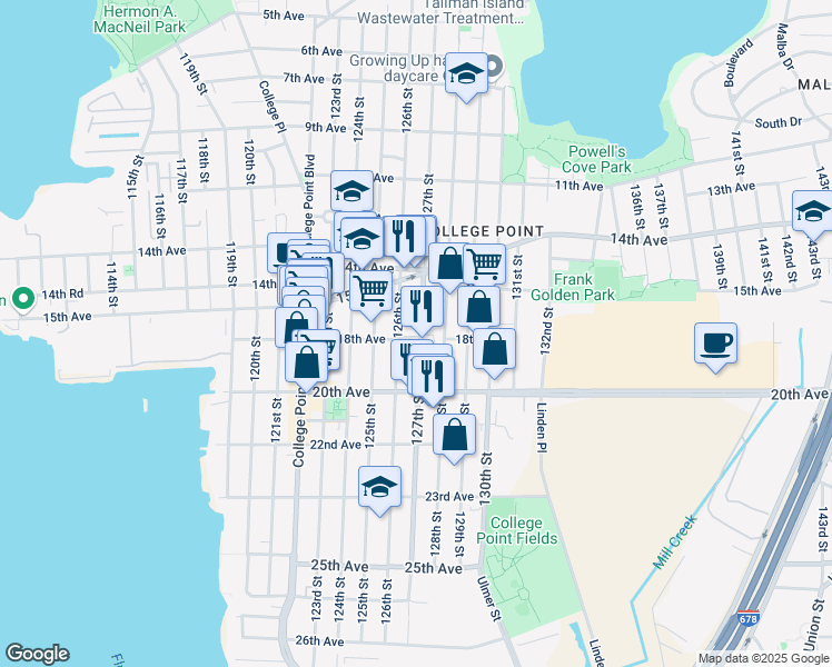 map of restaurants, bars, coffee shops, grocery stores, and more near 126-01 18th Avenue in Queens