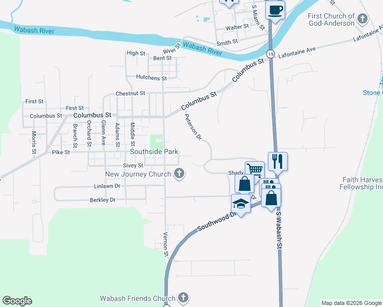 map of restaurants, bars, coffee shops, grocery stores, and more near 300 Cherry Tree Lane in Wabash