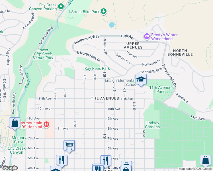 map of restaurants, bars, coffee shops, grocery stores, and more near 610 I Street in Salt Lake City