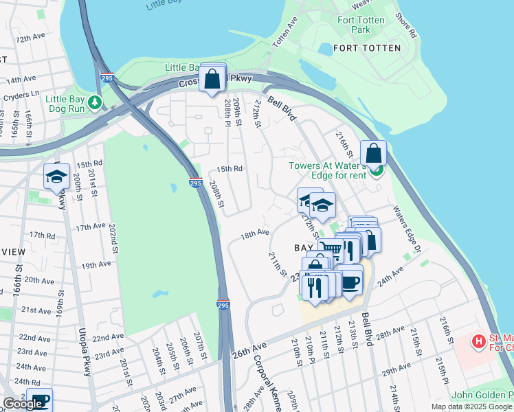 map of restaurants, bars, coffee shops, grocery stores, and more near 15-86 212th Street in Queens