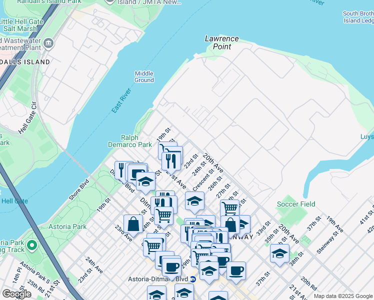 map of restaurants, bars, coffee shops, grocery stores, and more near 20-11 21st Street in Queens