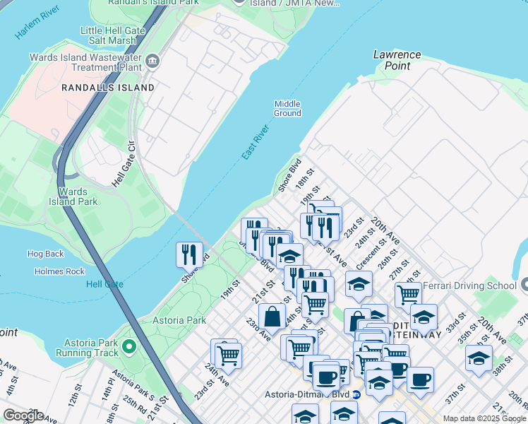 map of restaurants, bars, coffee shops, grocery stores, and more near in Queens