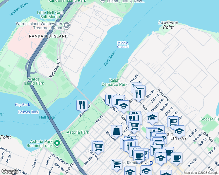map of restaurants, bars, coffee shops, grocery stores, and more near 21-31 Shore Boulevard in Queens