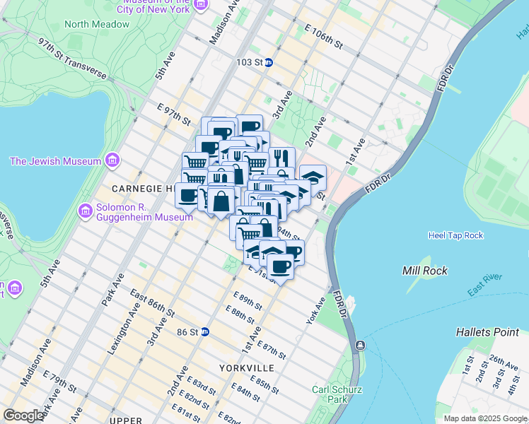 map of restaurants, bars, coffee shops, grocery stores, and more near 239 East 94th Street in New York