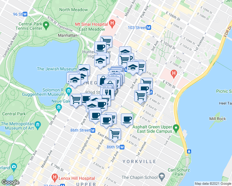 map of restaurants, bars, coffee shops, grocery stores, and more near in New York