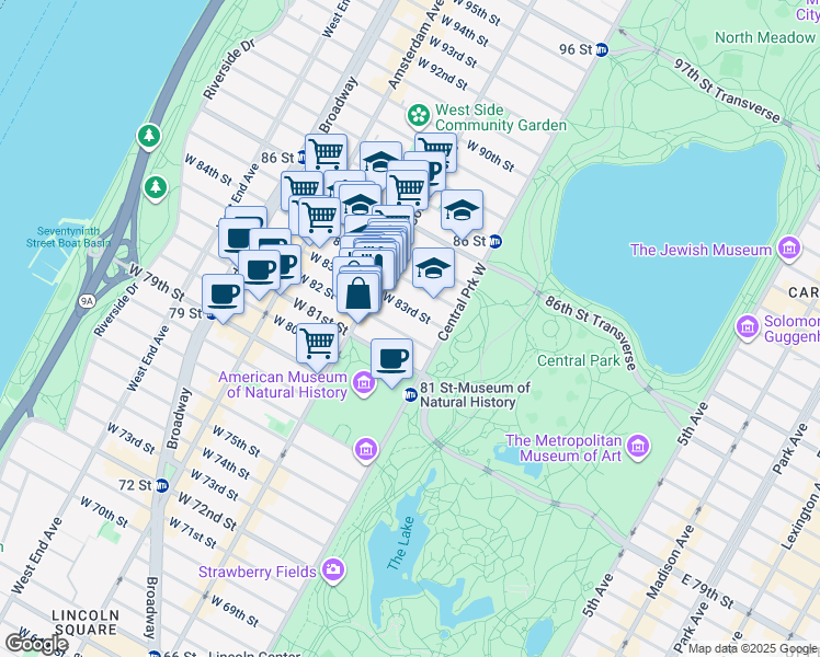 map of restaurants, bars, coffee shops, grocery stores, and more near 31 West 82nd Street in New York