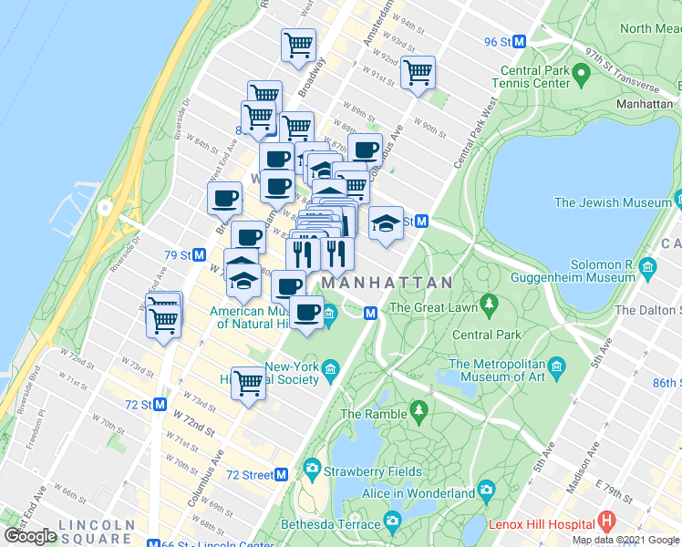 map of restaurants, bars, coffee shops, grocery stores, and more near 451 Columbus Avenue in New York