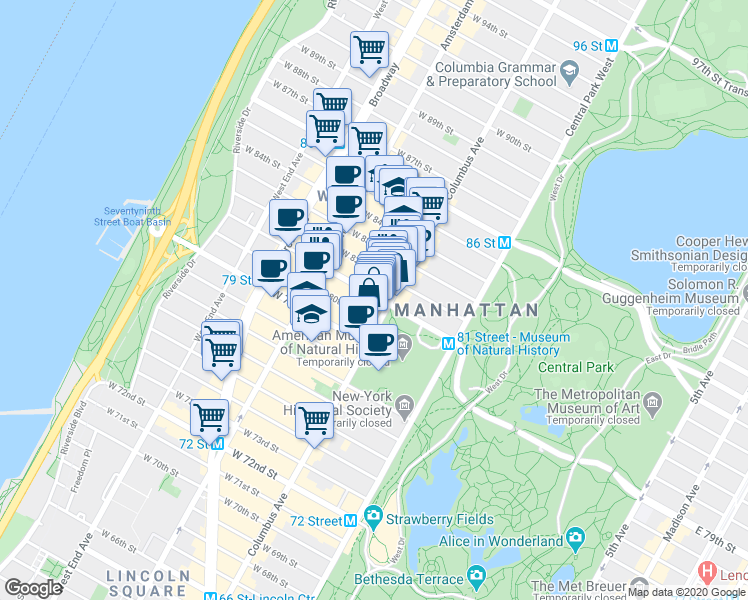 map of restaurants, bars, coffee shops, grocery stores, and more near in New York