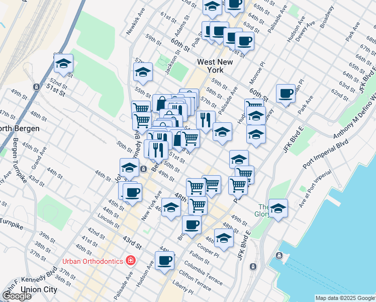 map of restaurants, bars, coffee shops, grocery stores, and more near 425 52nd Street in West New York