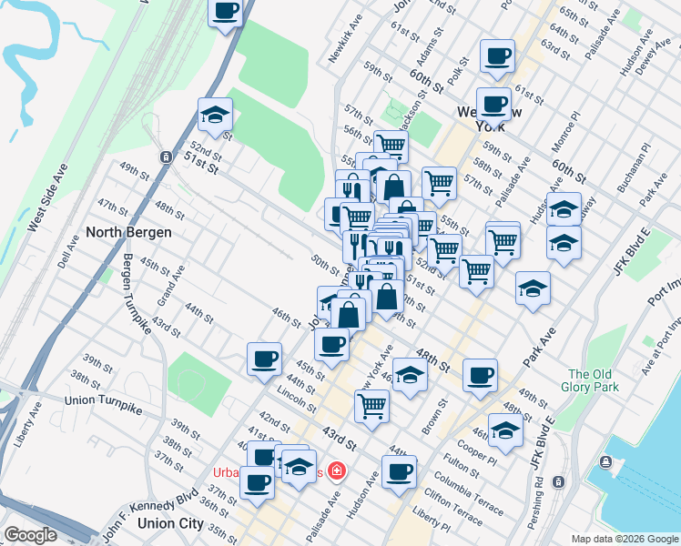map of restaurants, bars, coffee shops, grocery stores, and more near 1112 50th Street in North Bergen